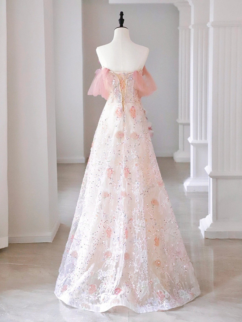 A Line Off the Shoulder Pink Sequins 3D Flower Tulle Long Prom Dress DP1432