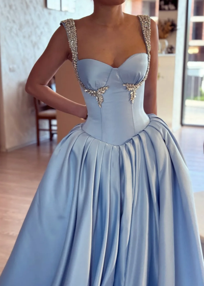 Sky Blue A Line Straps Beaded Satin Long Prom Dress Evening Dress DP6927