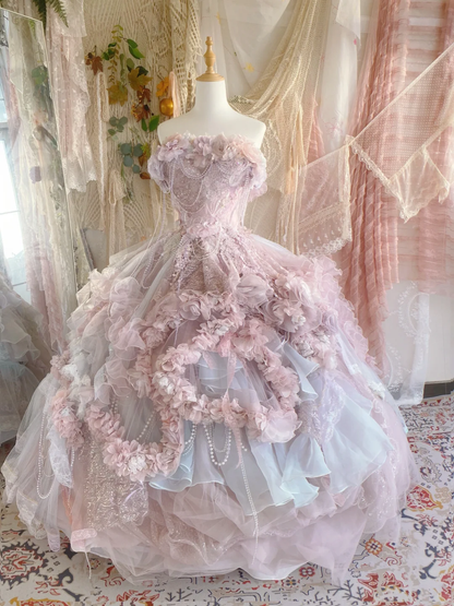 Purple Exquisite Ball Gown Strapless Floral Beaded Tulle Prom Dress 16th Birthday Dress DP3763