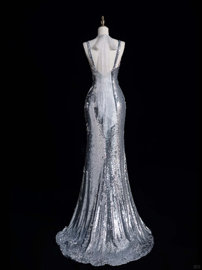 Sexy Sheath Halter Silver Sequin Long Open Back Prom Dress Graduation Prom Dress DP2014