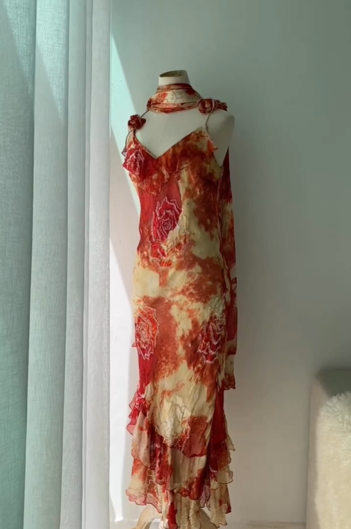 Vintage Mermaid Spaghetti Strap Ruffle Beaded Chiffon Prom Dress Evening Dress DP1566