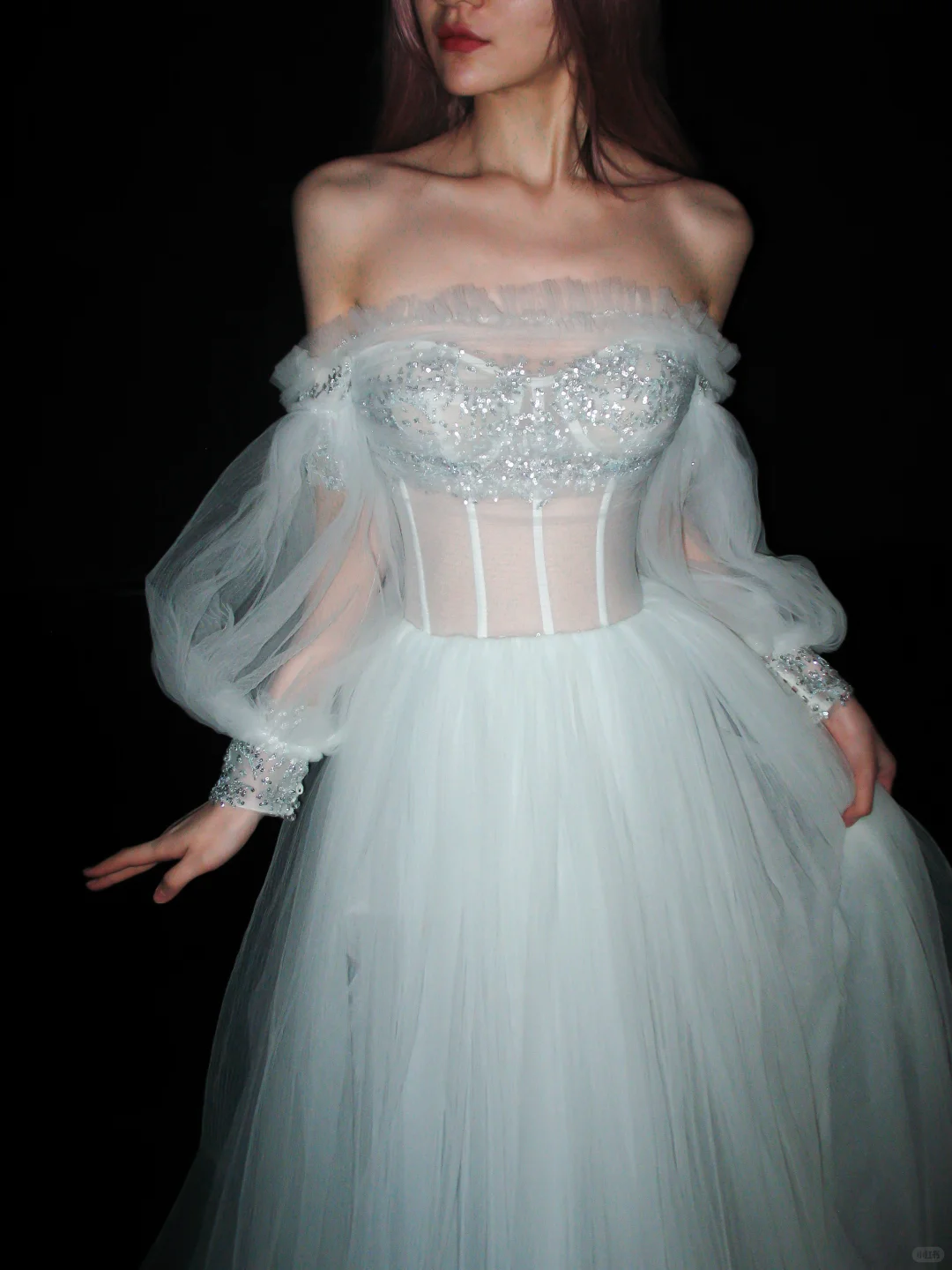 Pretty A Line Puff Sleeve Foggy Blue Tulle Long Prom Dress DP5198