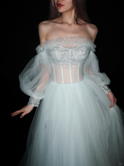 Pretty A Line Puff Sleeve Foggy Blue Tulle Long Prom Dress DP5198