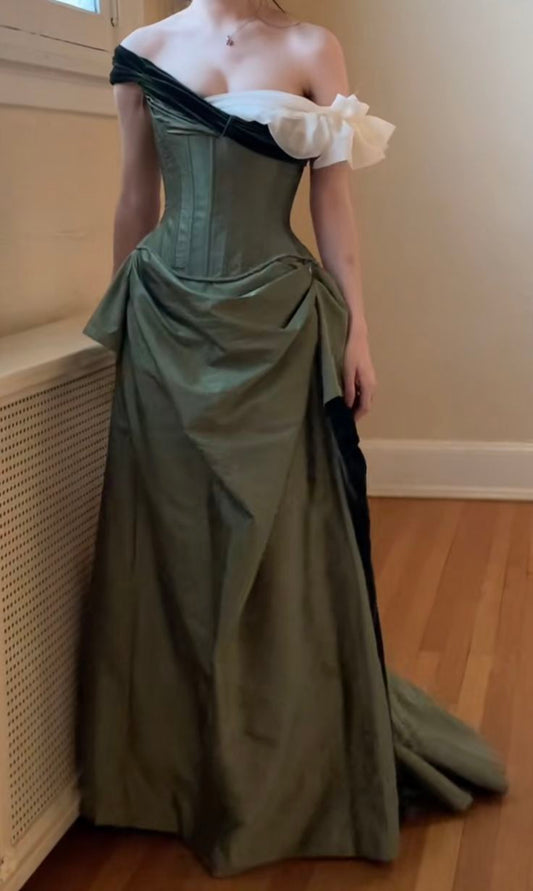 Retro Olive Green A Line Pleated Satin Prom Dress Evening Dress DP6039