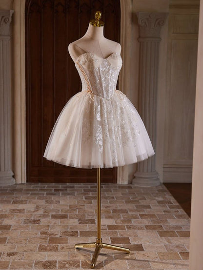 Cute A Line Sweetheart Neck Ivory Beads Tulle Short Homecoming Dresses DP1338