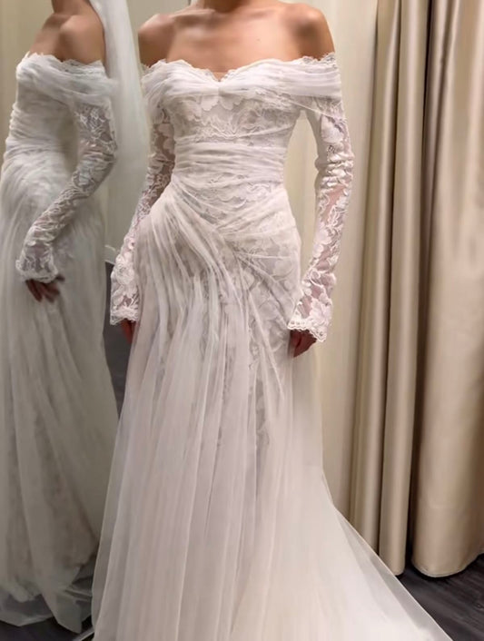 Romantic Mermaid Long Sleeve White Tulle Lace Long Wedding Dress DP7196