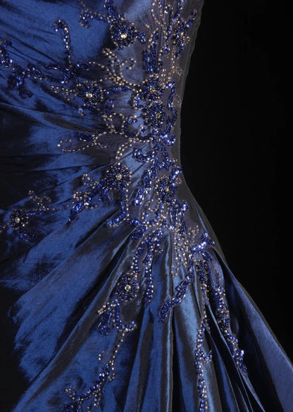 Vintage Ball Gown Strapless Navy Blue Satin Long Prom Dresses Party Dress DP3246