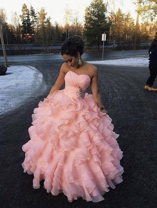Cute Light Pink A Line Strapless Beaded Layered Chiffon Prom Dress Evening Dress DP6100