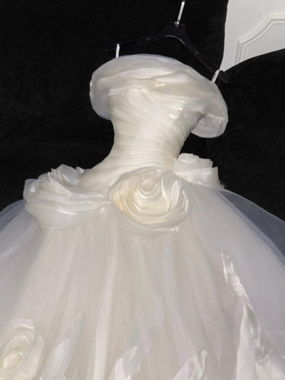 Stunning Ball Gown Off the Shoulder White Lace Satin Wedding Dress DP4151