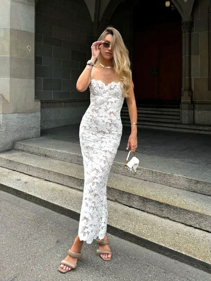 Sexy Sheath Spaghetti Straps White Lace Long Prom Dress Evening Dress DP1221