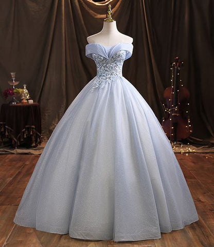 Blue Off-the-shoulder Appliques Tulle Lace Long Ball Gown DP910