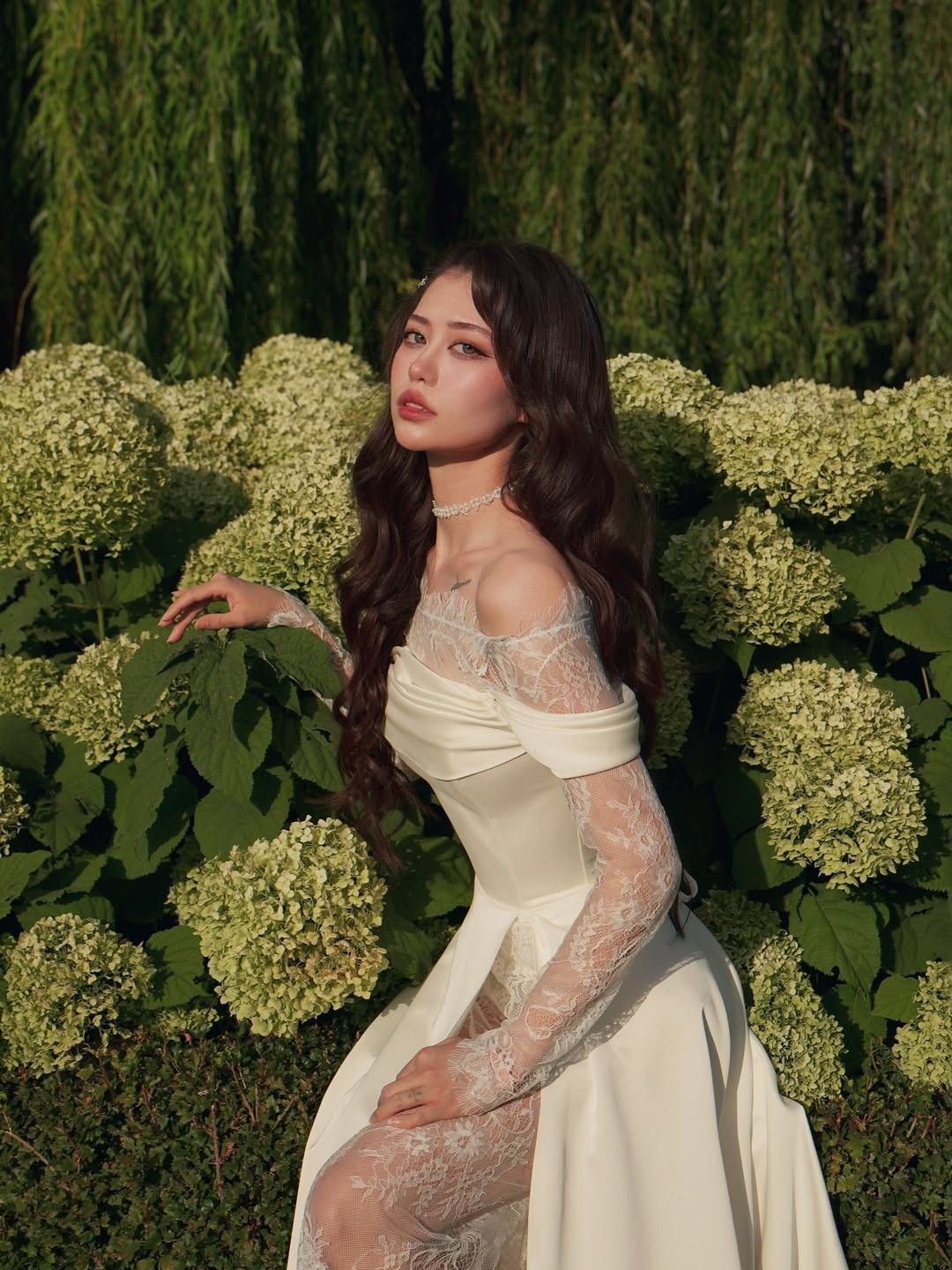Pretty A Line Long Sleeve Ivory Lace Satin Long Wedding Dress with Slit DP6858