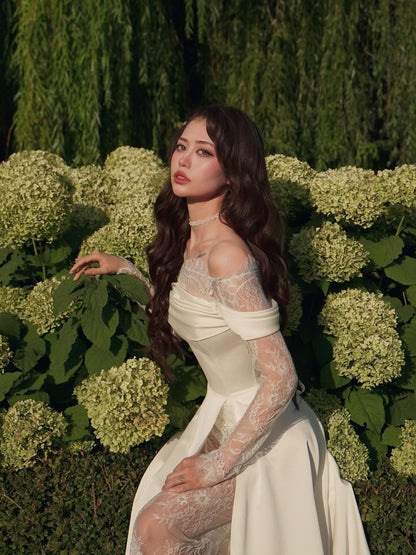 Pretty A Line Long Sleeve Ivory Lace Satin Long Wedding Dress with Slit DP6858