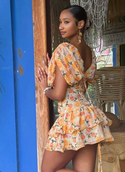 Cute Orange Print Floral A Line V Neck Chiffon Short Homecoming Dress Outfits DP3234