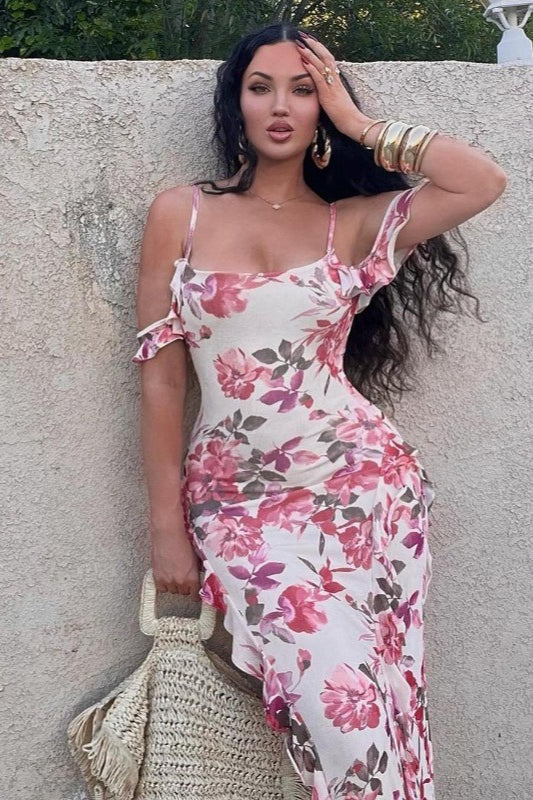 Sweety Sheath Spaghetti Straps Ruffle Print Floral Chiffon Prom Dress Evening Dress DP5587