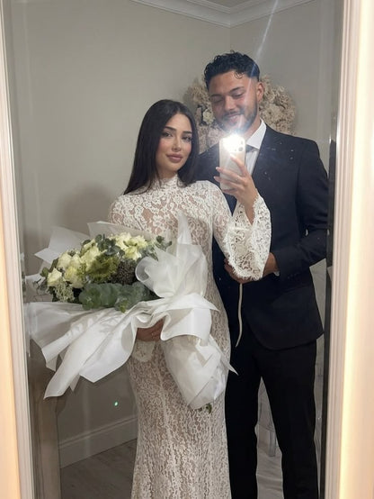 White Mermaid Long Sleeve Lace Long Prom Dress Date Dress DP7014