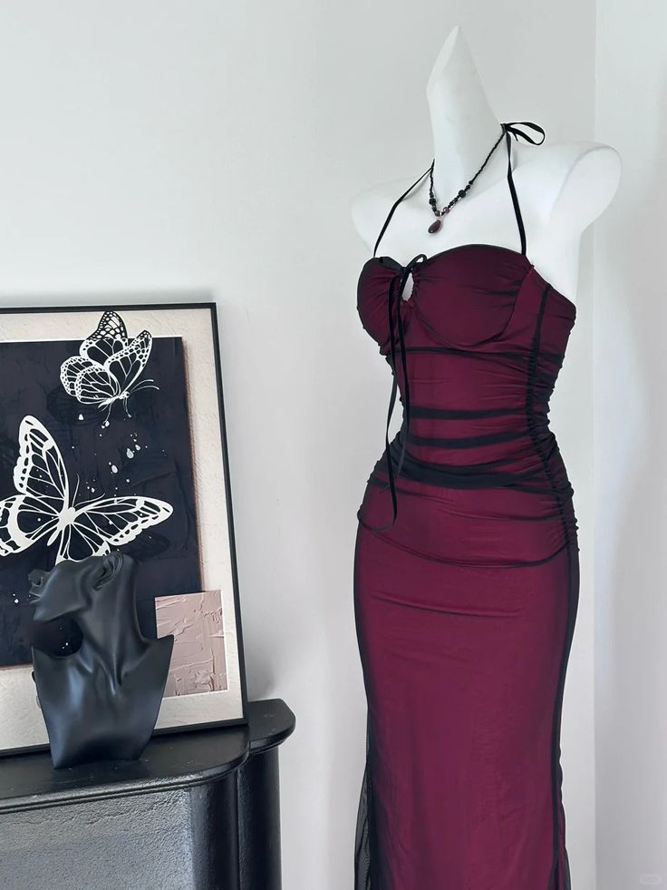 Sexy Sheath Halter Black Burgundy Chiffon Prom Dress Evening Dress DP3833