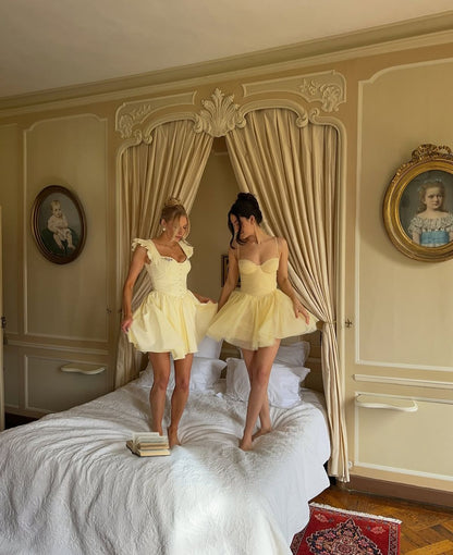 Sweety Yellow A Line Straps Tulle Short Prom Dress Homecoming Dress Outfits DP6818