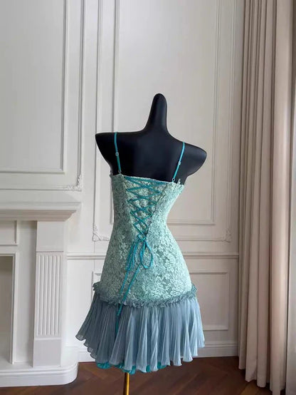 Cute A Line Spaghetti Straps Green Lace Short Outfit Homecoming Dress Birthday Dress DP2981