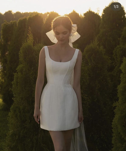 Simple A Line Straps White Satin Short Prom Dress Homecoming Dress DP7108