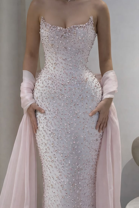 Light Pink Sheath Strapless Exquisite Rhinestone Tulle Long Prom Dress Evening Dress DP6690