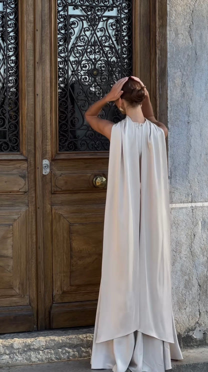 Elegant A Line Round Neck Ivory Satin Long Prom Dress Party Dresses Formal Gown DP3662