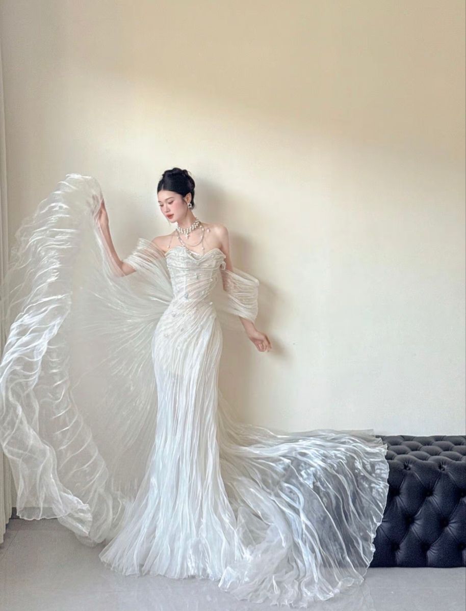 Stunning Fairy Mermaid White Beaded Organza Long Prom Dress Wedding Dress DP5061
