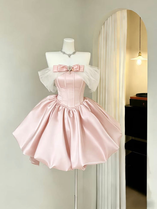 Sweety Pink A Line Off the Shoulder Tulle Satin Short Homecoming Dress DP5678