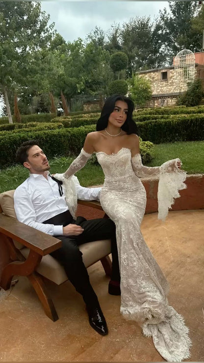 Sexy Mermaid Sweetheart Neck White Lace Long Train Wedding Dress DP6848