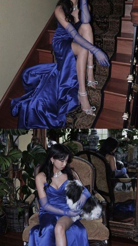 Blue Modest Sweetheart Satin Slit Prom Dresses 18th Birthday Outfits  DP3309