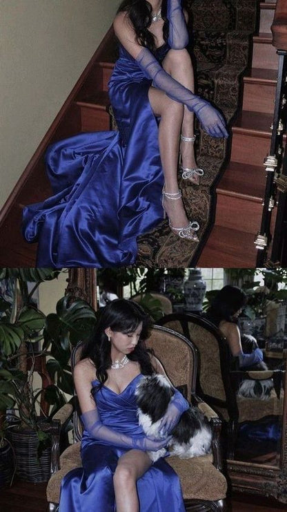 Blue Modest Sweetheart Satin Slit Prom Dresses 18th Birthday Outfits  DP3309