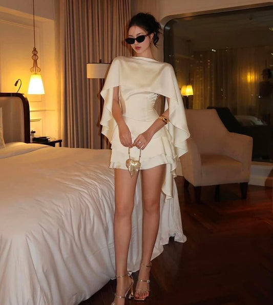 Light Champagne A Line Straps Layered Satin Short Homecoming Dress with Cape DP2875