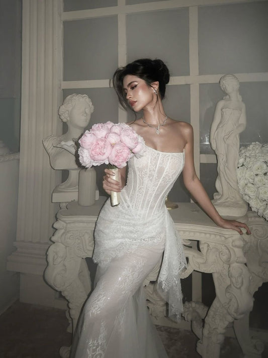 Sexy Mermaid Strapless Corset Lace Appliques White Tulle Wedding Dress DP6857