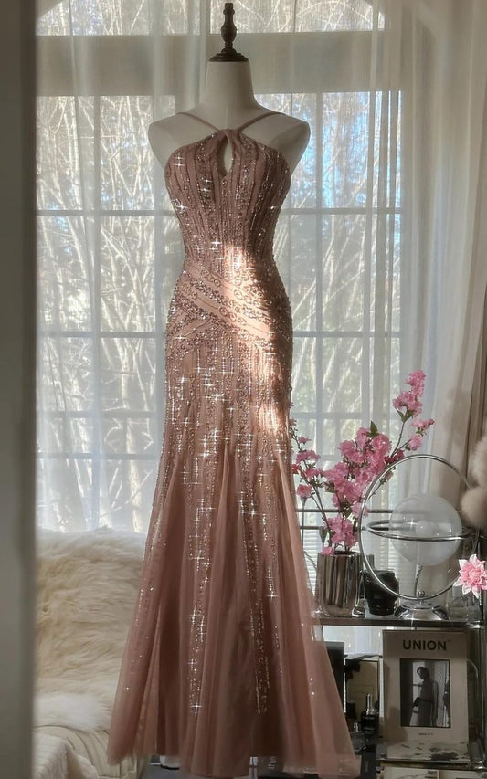 Gorgeous Mermaid Halter Beaded Chiffon Open Back Long Party Dress DP2274
