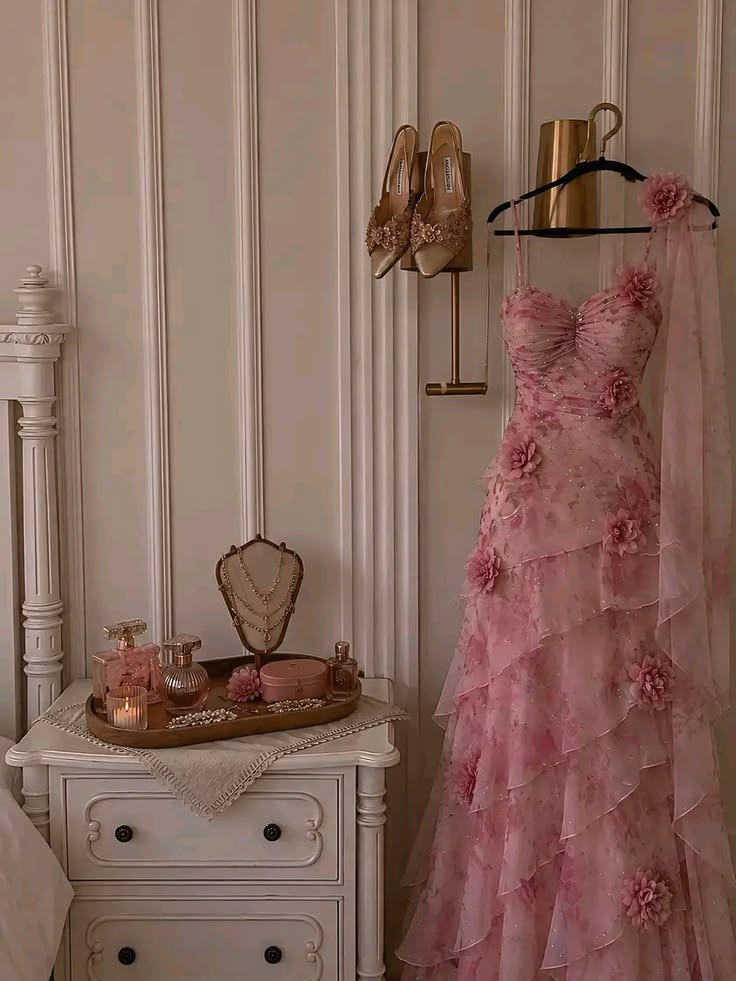 Pink A Line Spaghetti Straps 3D Flower Layered Print Chiffon Prom Dress Evening Dress DP5716