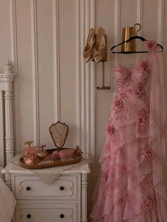 Pink A Line Spaghetti Straps 3D Flower Layered Print Chiffon Prom Dress Evening Dress DP5716