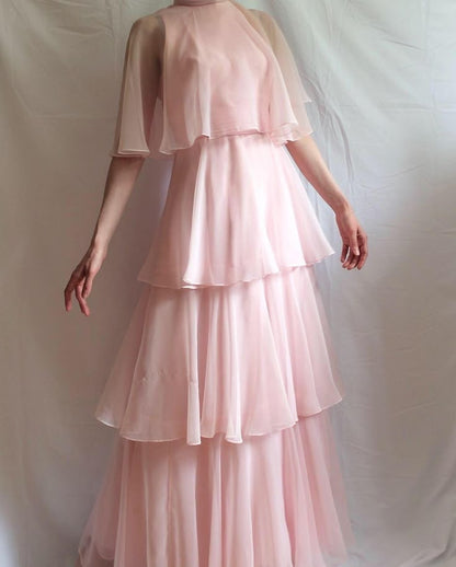 Elegant Pink A Line High Neck Layered Chiffon Long Prom Dress Evening Dress Date Dress DP3108
