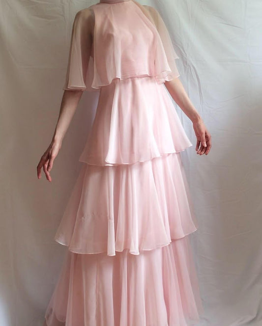 Elegant Pink A Line High Neck Layered Chiffon Long Prom Dress Evening Dress Date Dress DP3108