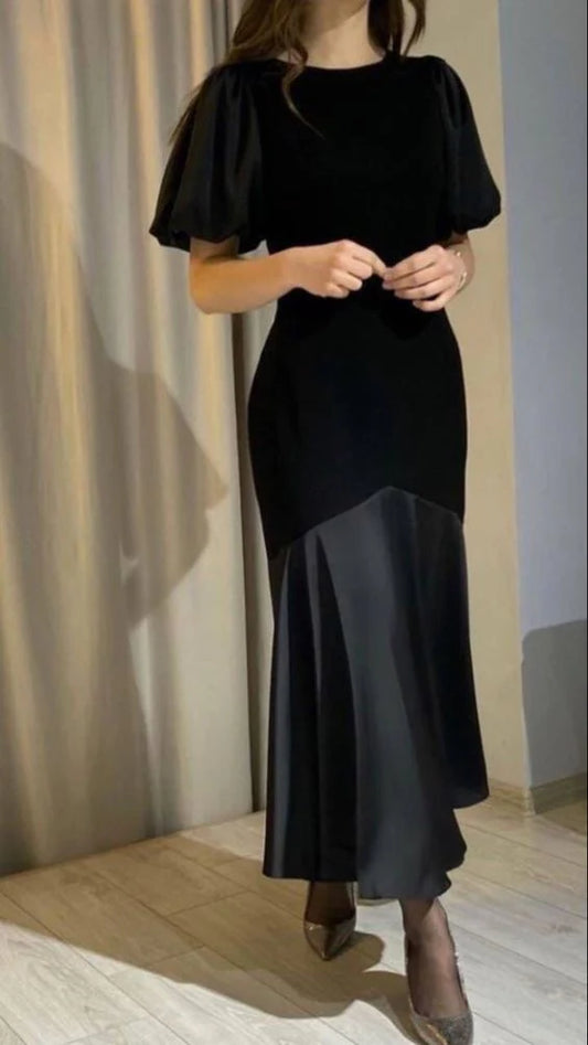 Elegant Black Satin Velvet Modest Prom Dress Graduation Prom Dress DP2020