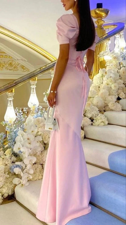 Pink A Line Puff Sleeve Satin Prom Dresses Women Formal Party Evening Gown DP2018