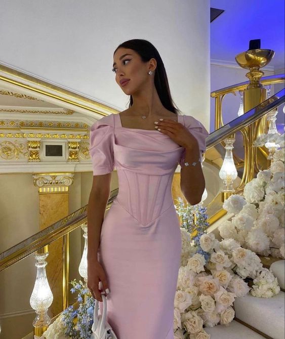 Pink A Line Puff Sleeve Satin Prom Dresses Women Formal Party Evening Gown DP2018