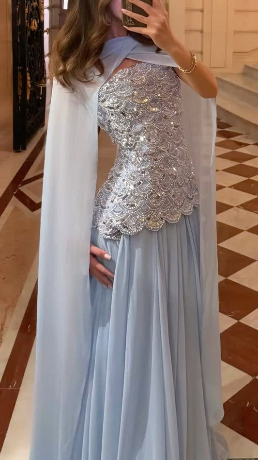 Stunning Baby Blue A Line Strapless Sequin Chiffon Prom Dress Evening Dress with Scarf DP7533