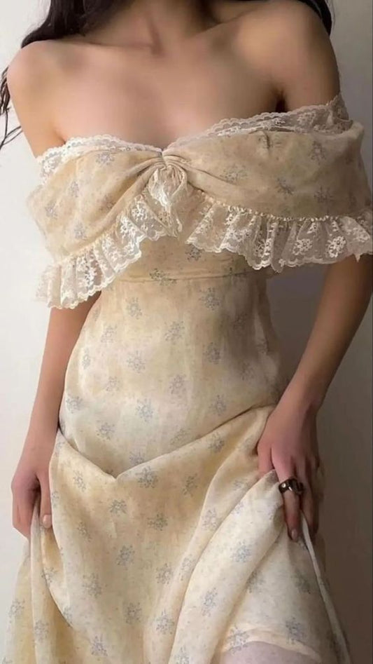 Yellow Print Floral A Line Off the Shoulder Lace Chiffon Prom Dresses Evening Dress Date Dress DP3410