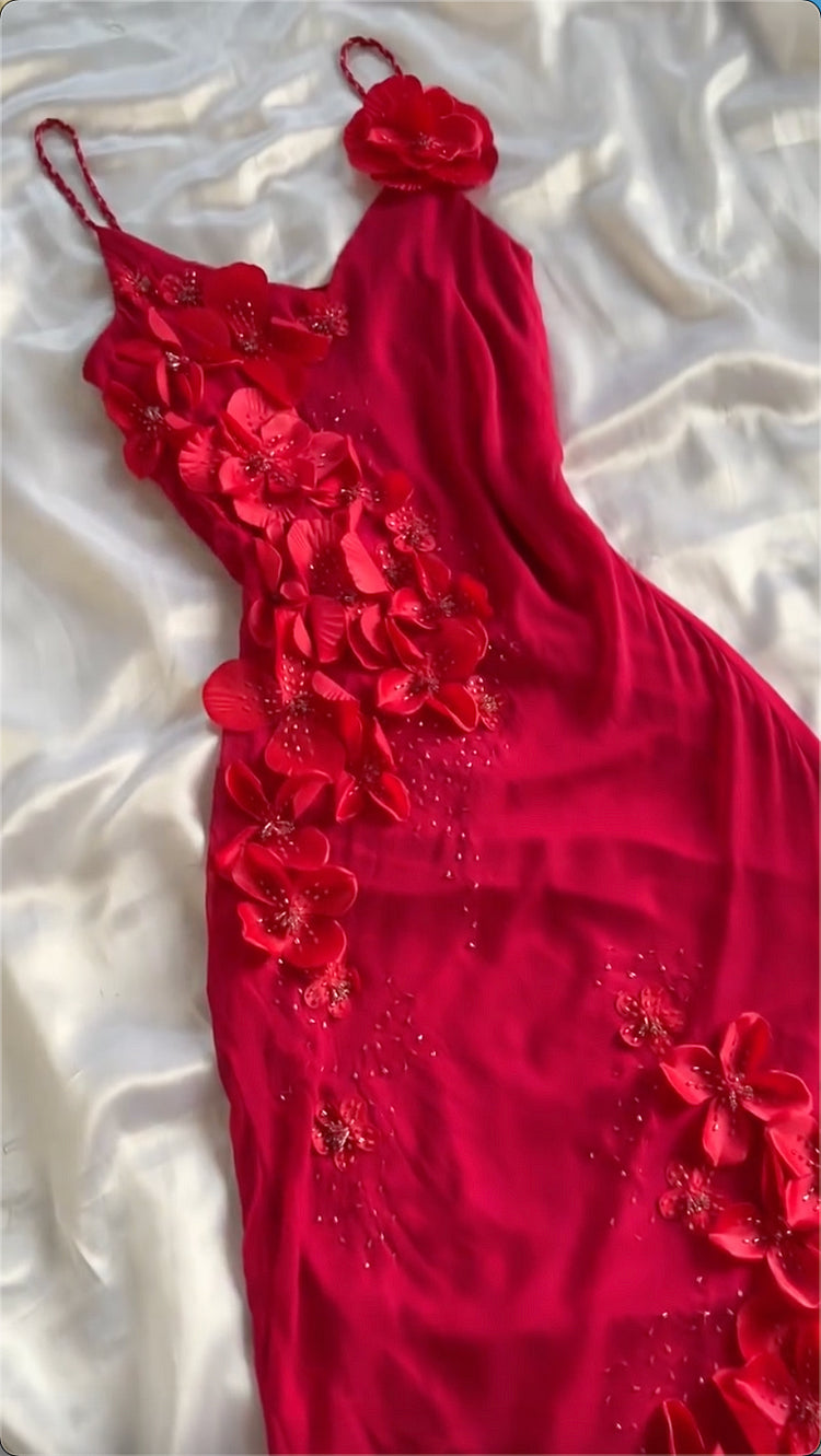 Sexy Mermaid Spaghetti Strap Beaded 3D Floral Red Chiffon Prom Dress Evening Dress DP1802