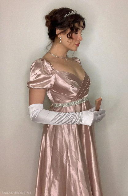 Classical Pink A Line Puff Beaded Satin Long Party Dress Evening Dress DP2894