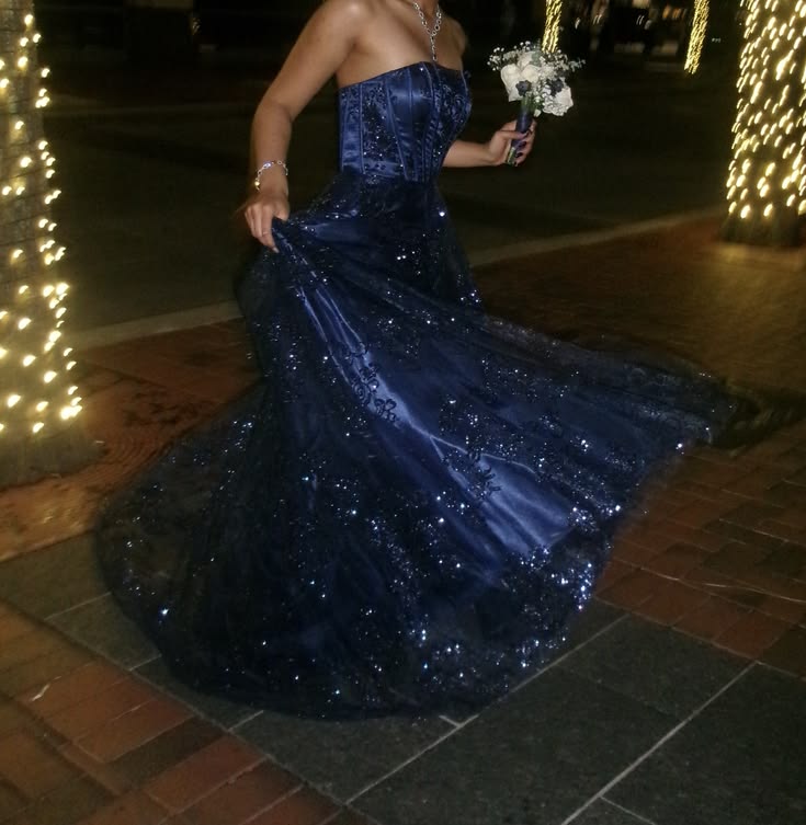 Pretty Navy Blue A Line Strapless Appliques Tulle Prom Dress Evening Dress DP7504