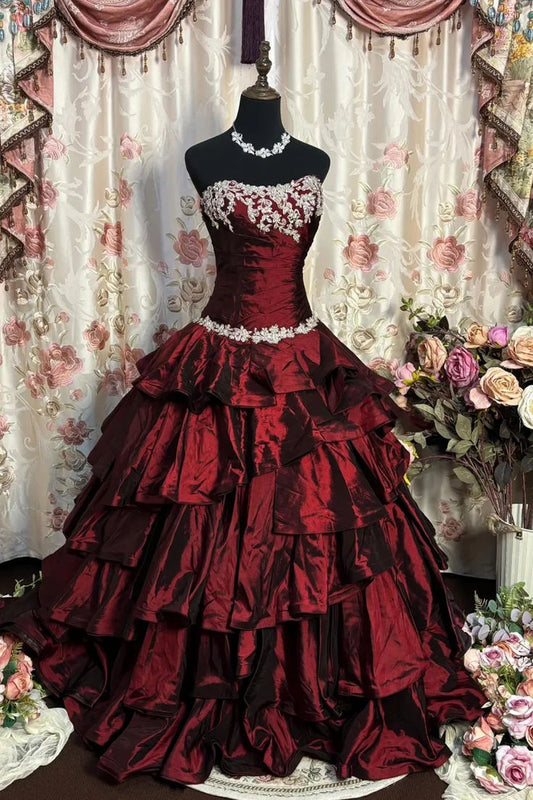 Vintage Burgundy Ball Gown Strapless Applique Layered Satin Prom Dress 18th Birthday Dress DP4061