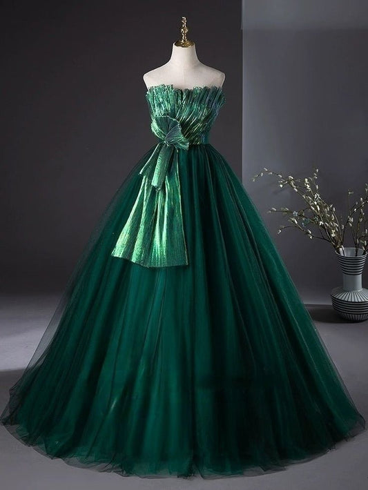 Green A Line Strapless Tulle Ball Gown Prom Dress DP1012