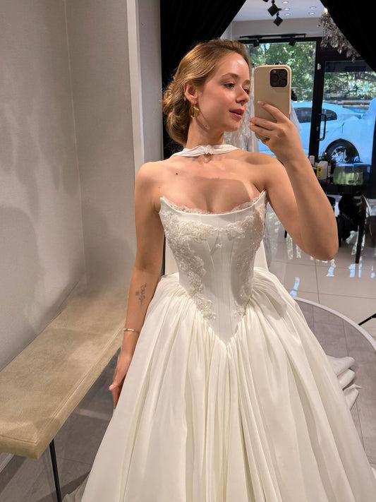 Elegant A Line Strapless Beaded White Satin Wedding Dress DP4103