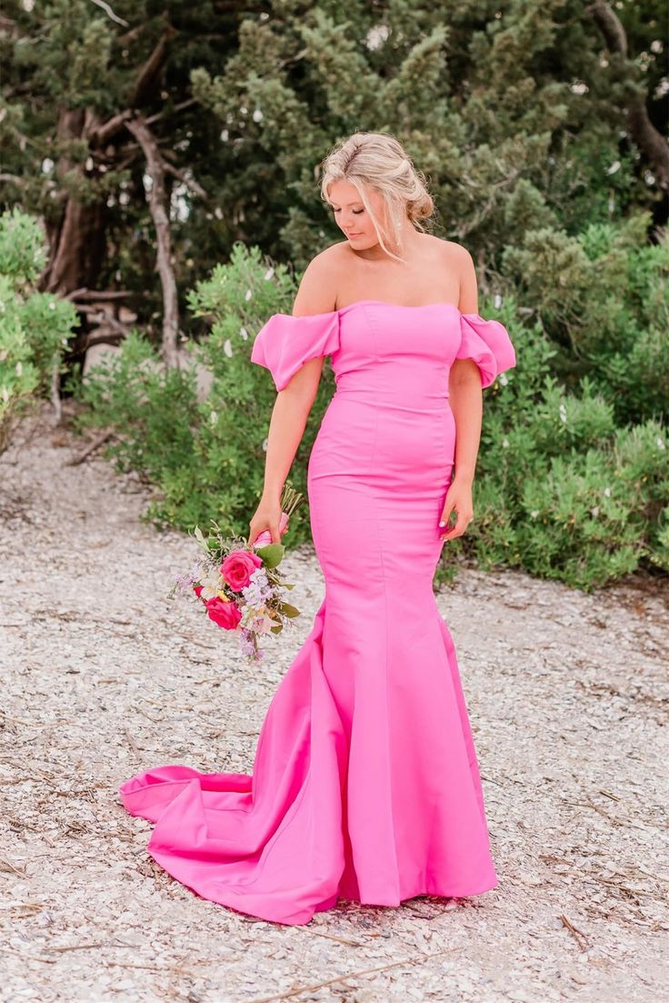 Elegant Mermaid Off-the-shoulder Hot Pink Satin Prom Dresses DP1177